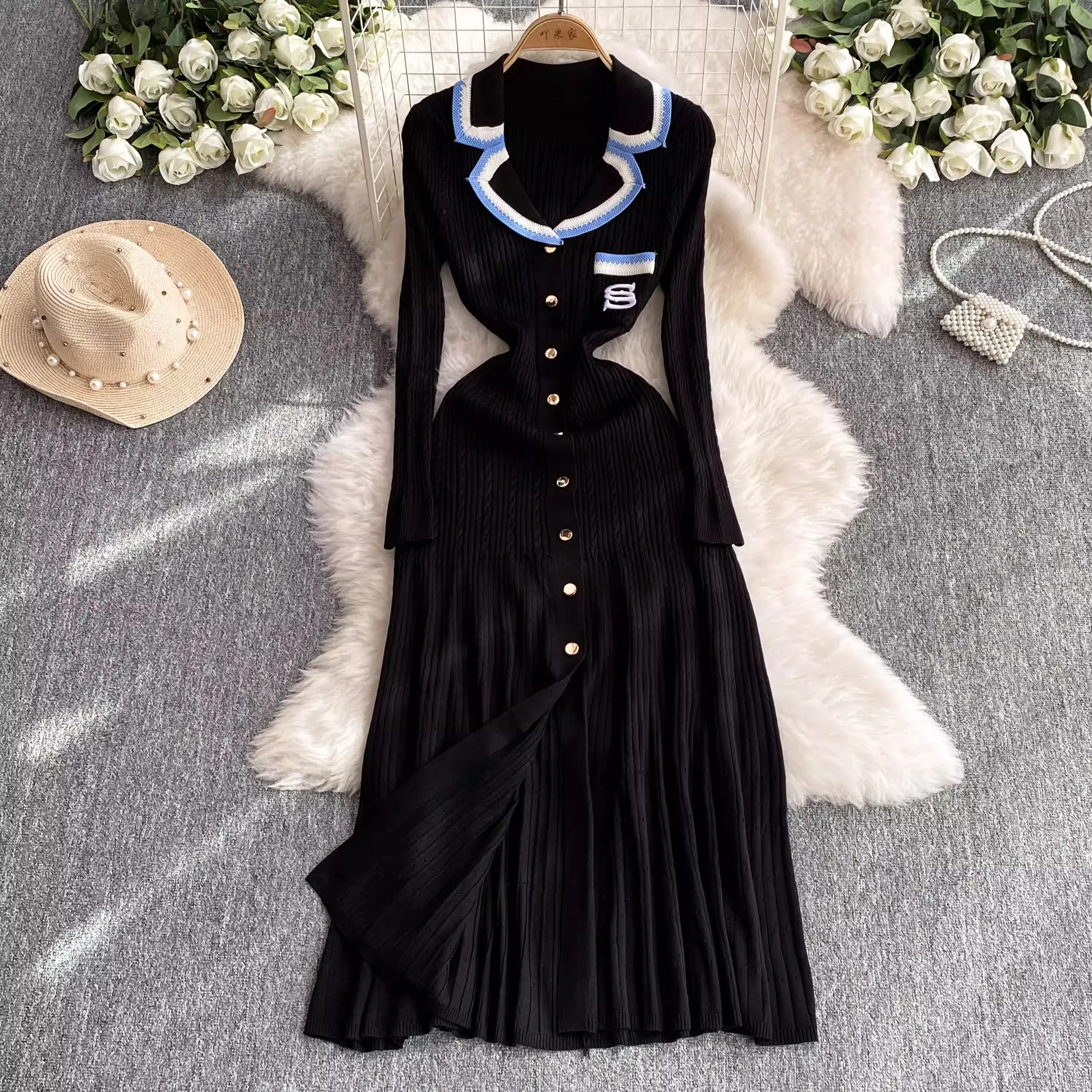 YuooMuoo-Vestido de manga larga de punto para mujer, maxivestido de marca a la moda con muescas, elegante, para oficina, Otoño e Invierno