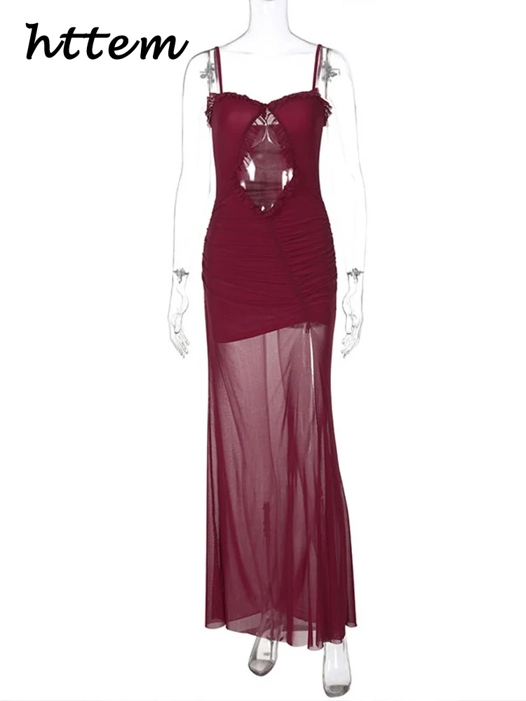 Abito lungo sexy con fionda in rete da donna vedere attraverso abiti maxi senza maniche sottili vuoti femminili 2025 primavera estate Lady Beach Party Robe