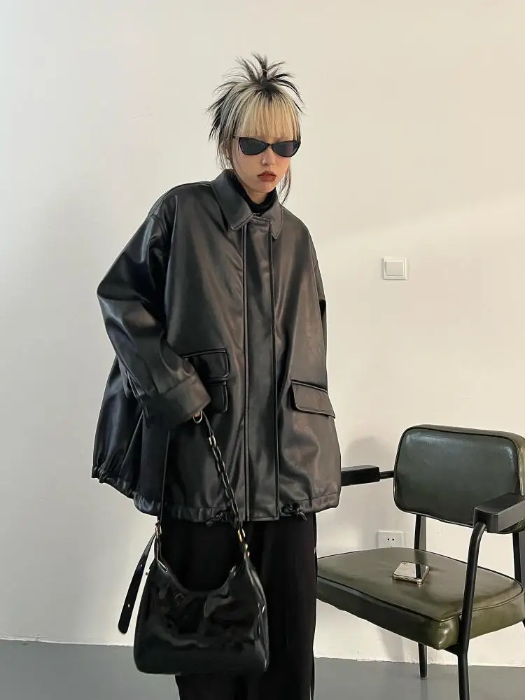 Tawaaiw streetwear preto plutônio casacos de couro e jaquetas feminino bolso manga longa y2k gótico outono primavera senhoras jaquetas outerwear