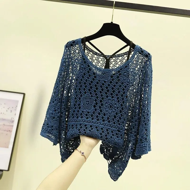 New Autumn Woman New Knitted Drawstring T-shirt Female Knitted Sweater O-neck Hollow Drawstring Bell-sleeve Thin Knitwear Q250