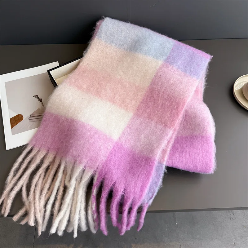 Warmer Dicker Winterschal für Damen, Mohair, Kariert, Weicher Quastenschal, Pashmina, Großer Halsdecken-Schal – Detail 34