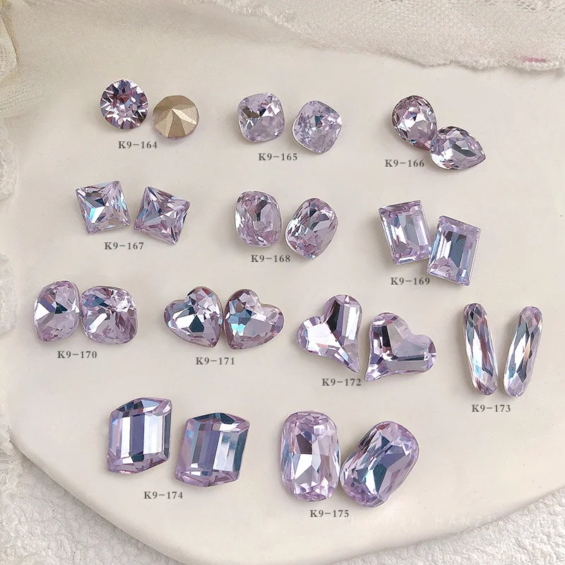 5pcs Lavender Light Purple K9 Crystal Diamond Luxury Pointed Bottom Nail Rhinestone Heart Fat Square Manicure Ornaments