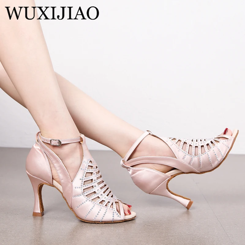 WUXIJIAO New dance shoes ballroom latin dance shoes women with rhinestones salsa tango shoes blue women\'s wedding shoes