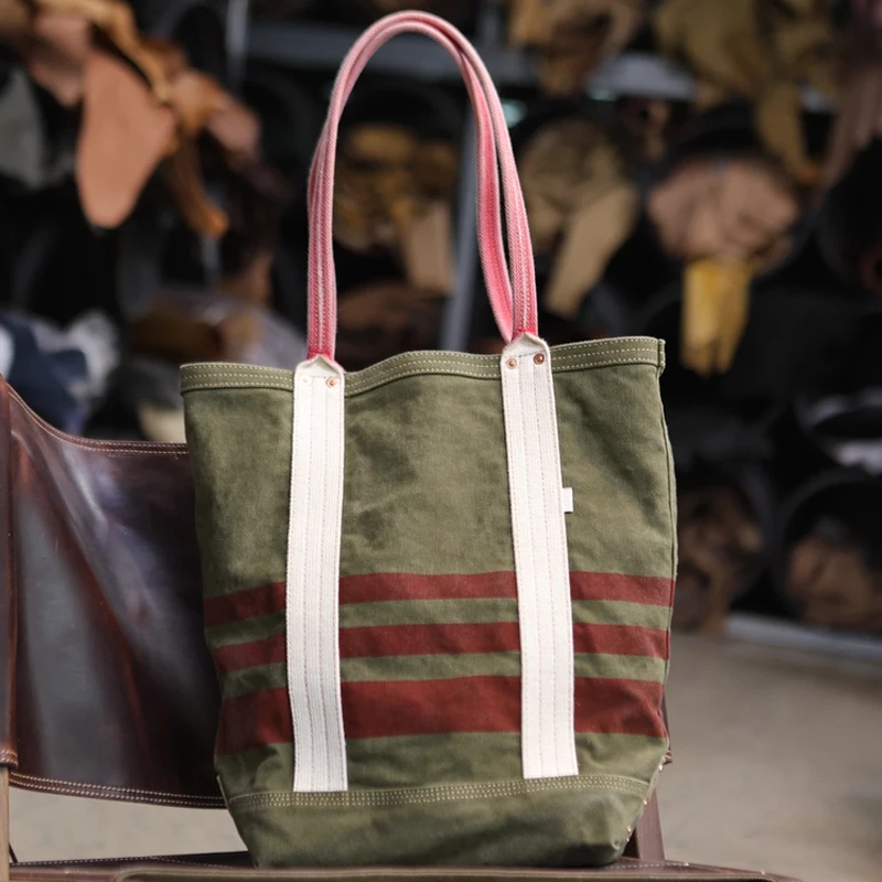 

ArmyGreen Medieval Tote Bag For Women Luxury Designer Handbag Purse 2025 New In Canvas Striped Patchwork Rivet Underarm Shoulder