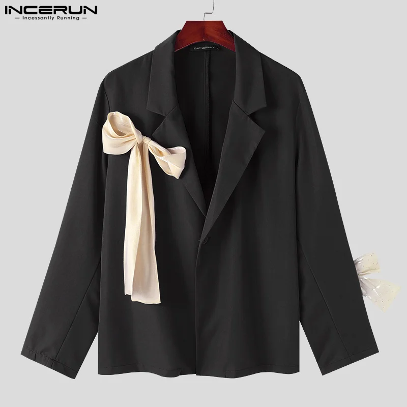 INCERUN Tops 2024 American Style New Men's Bow Contrast Color Suit Coats Casual Streetwear Male Solid Long Sleeved Blazer S-5XL