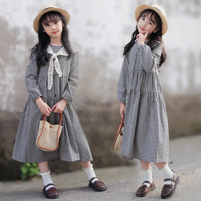 

Korean Spring Autumn Junior Girl One-piece Dress Children Girl Lace Shawl Checkered princess Dress School Girl Long Sleeve Dress