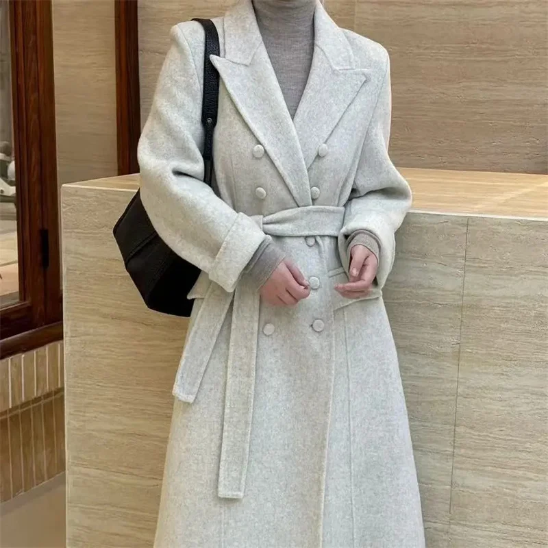 

Korean Style Two Sided Wool Overcoat For Women Lapel Solid Color Double Breasted Long Overcoats 2025 Winter New