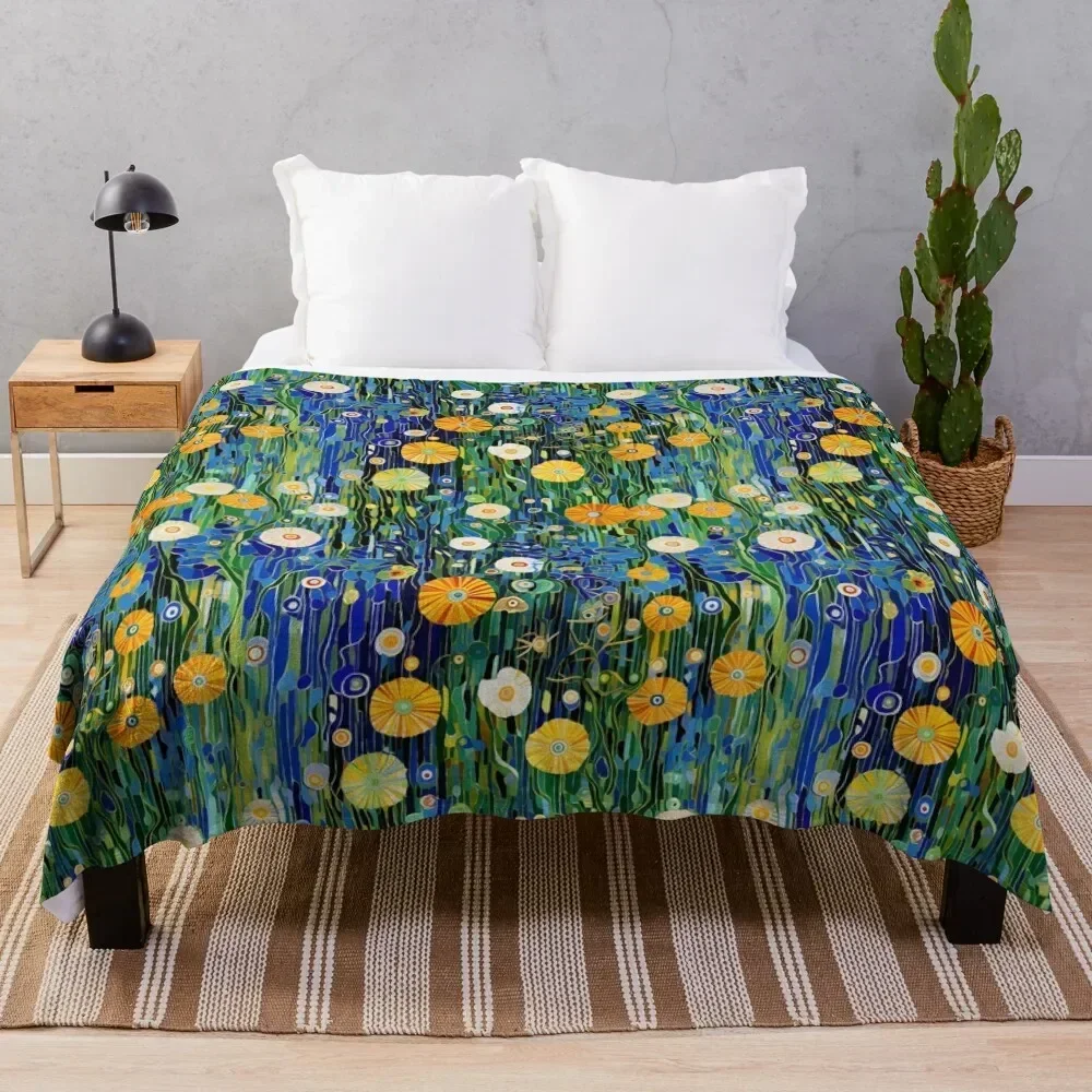 Emerald Reverie: Gustav Klimt-Inspired Flowers Landscape Throw Blanket Stylish Warm Blanket for Living Room Bedroom