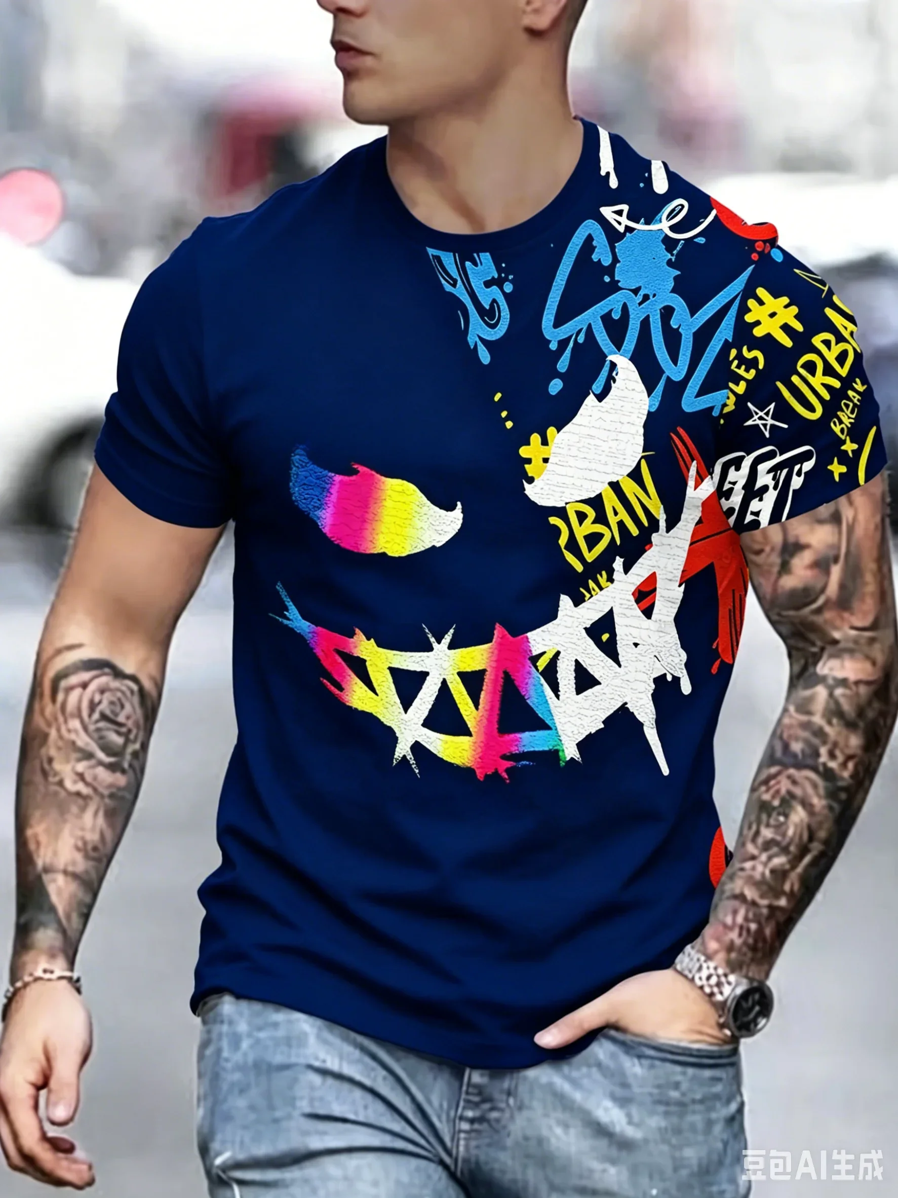Fashion Men's Streetwear Graffiti Devil Smile T-Shirt Colorful Urban Style Crew Neck Short Sleeve Summer Casual Tops