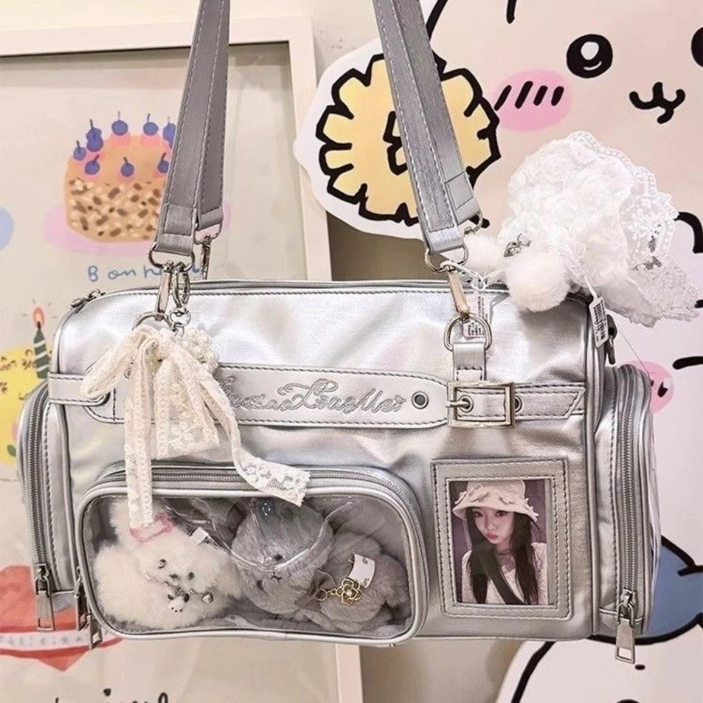 

Kawaii Soft PU Leather Boston Bag 3D Pocket Transparent Itabag Women Letter Embroidery Large Shoulder Bag Girls Ita Bag Anime