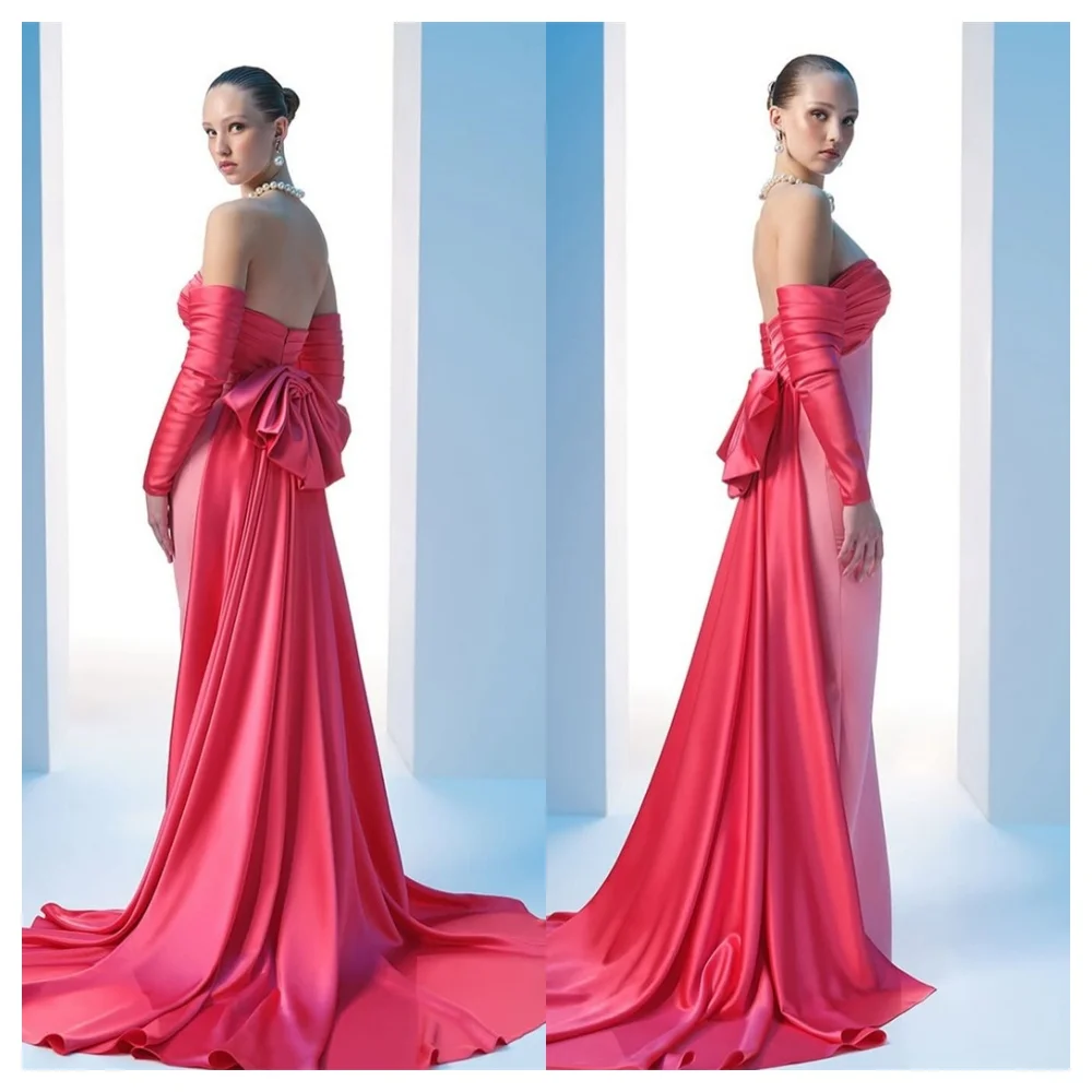 Personalizado requintado camisa rosa vestido de noite delicado sem alças mangas compridas vestido de festa moderno até o chão vestidos de celebridades