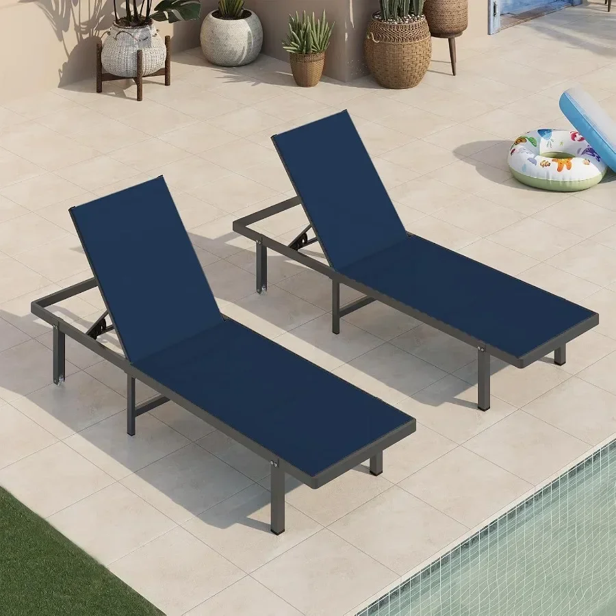 Pool Lounge Chairs Set of 2, Aluminum Outdoor Lounge Chair with Wheels and 5-Position Recliner, Chaise Lounge Chair Outdoor for