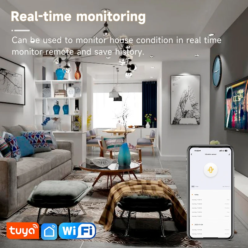 Tuya WiFi Smart Vibration Sensor Detection,Smart Life APP Notification,Real-Time Glass Shock Alarm,History Record