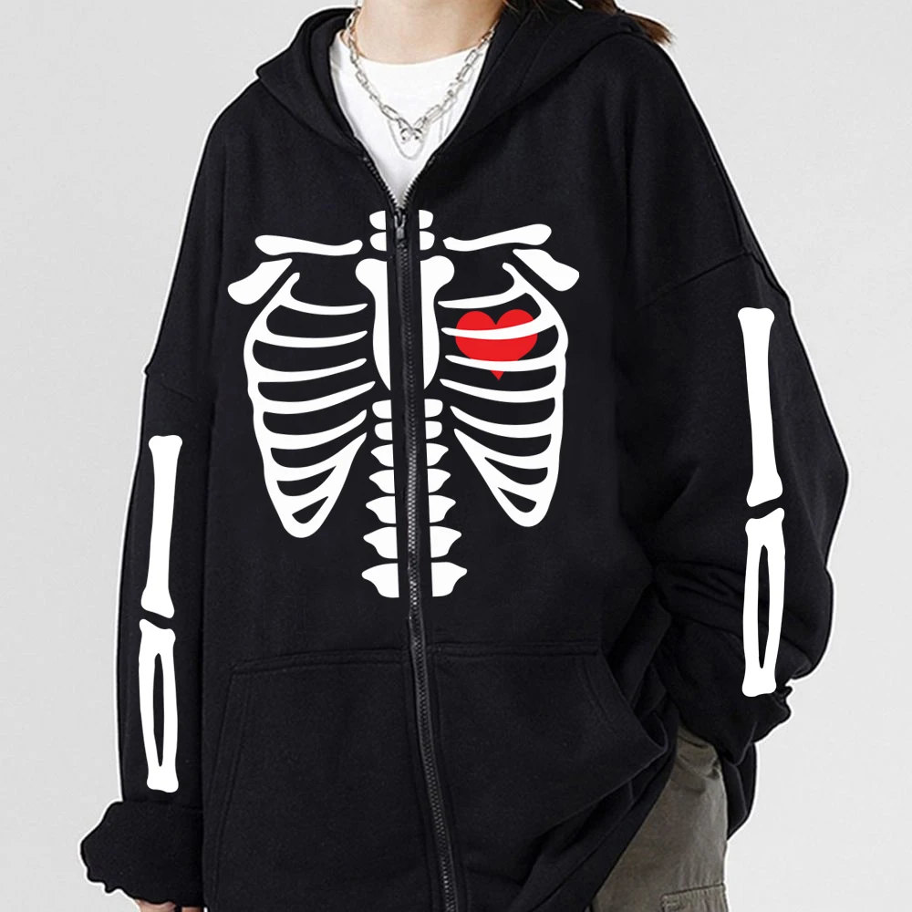 Vintage Skeleton Print Zipper Sweatshirt Y2K Gothic Bone Graphic Unisex Zip Up Hoodie Autumn Streetwear Harajuku Women Zip Hoody