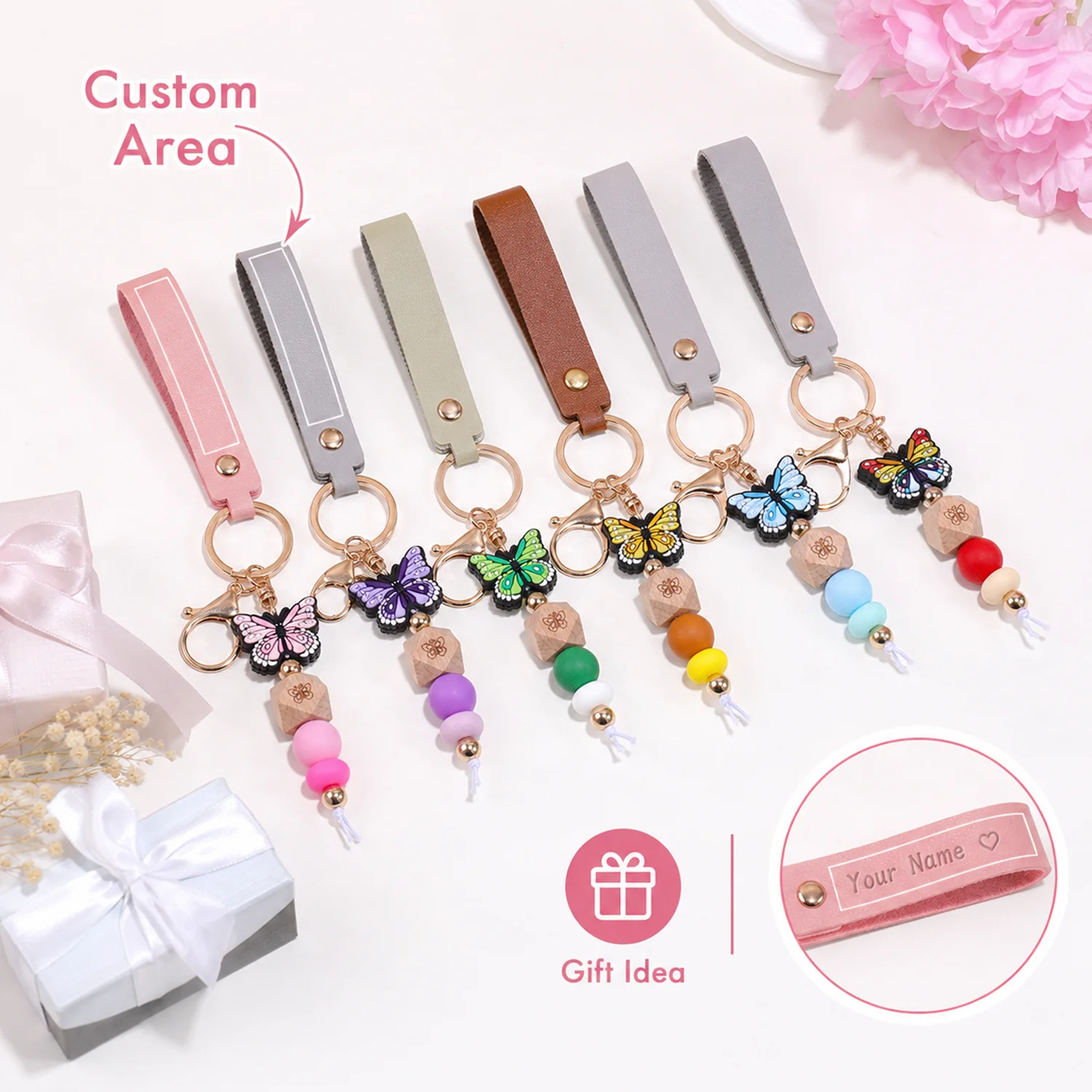 

Custom Name Keychain Butterfly Pendant Customized Text Key Chain Laser Engraving Pu Leather Bag Gift Customized Name Key Chain