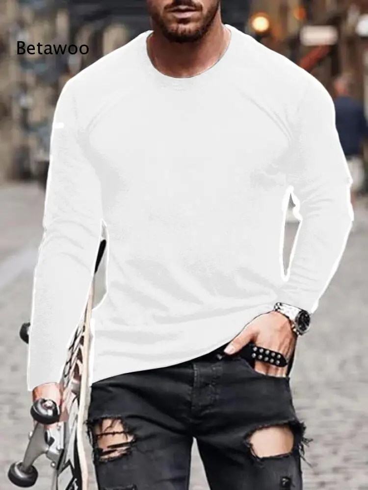 Stylish Men Solid Crew Neck Long Sleeve Loose Fit Basic Tee For Daily Commute Relax Hang Out And Street Casual Outfits