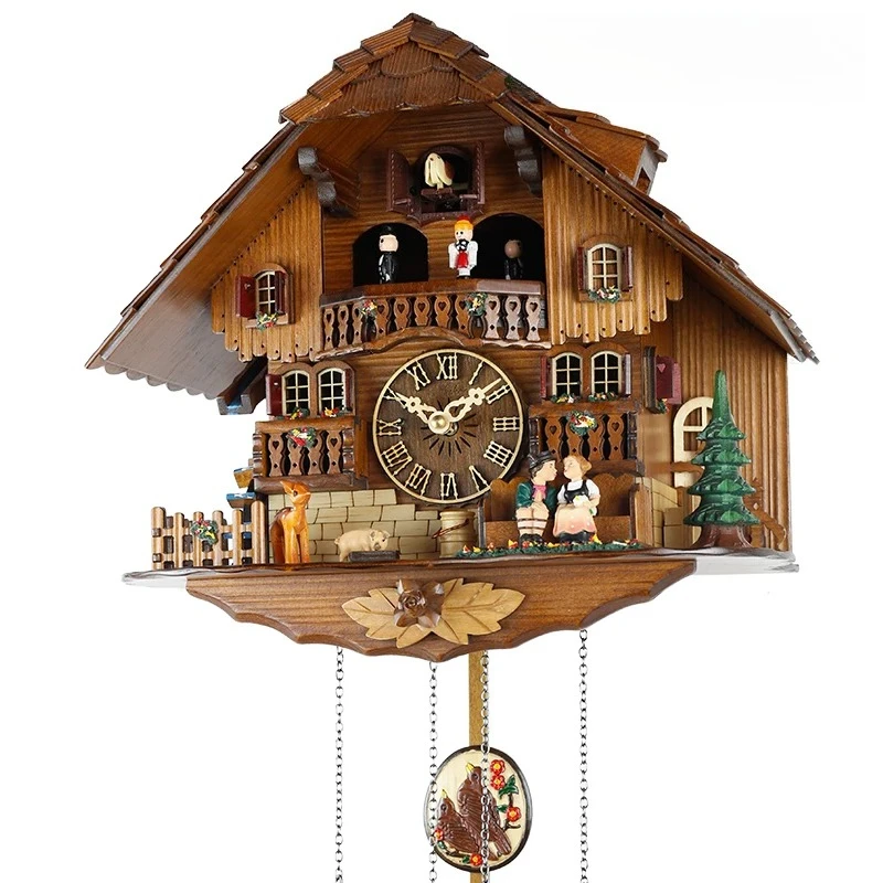 

Wood Quartz Cuckoo Wall Clock Light Control Musical Couple Design Home Decor