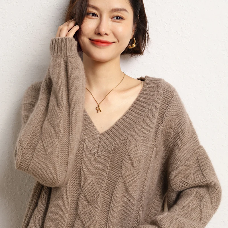 Hot Sale 2022 Autumn Winter 100% Pure Cashmere Sweater V-Neck Women\'s High Quality Soft Female Loose Thickened Knitted Jumper