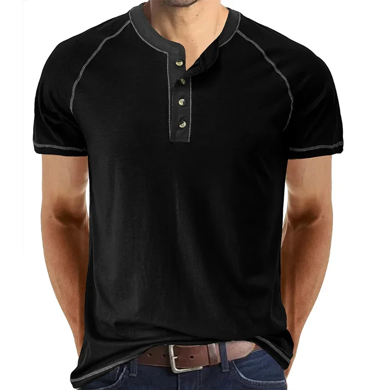 2025 Summer New Fashion American Men's Casual Trendy Color-coded Short Sleeve O-neck Button T-shirts Male Undershirts Clothes
