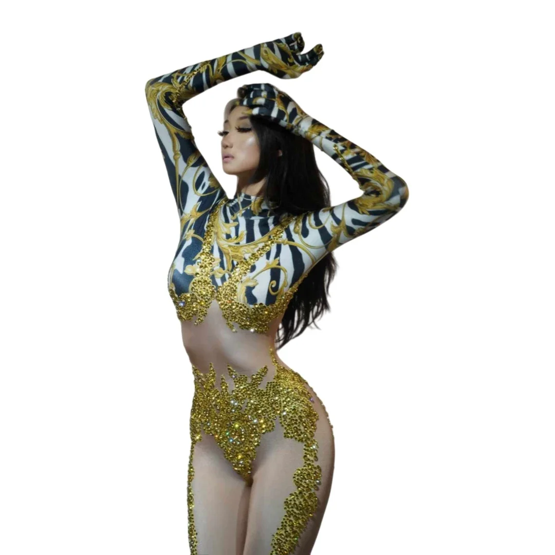 Women Sparkly Stretch Pole Dance Body Suits Cheerleading Drag Queen Outfit Photography Gold Zebra Striped Jumpsuits