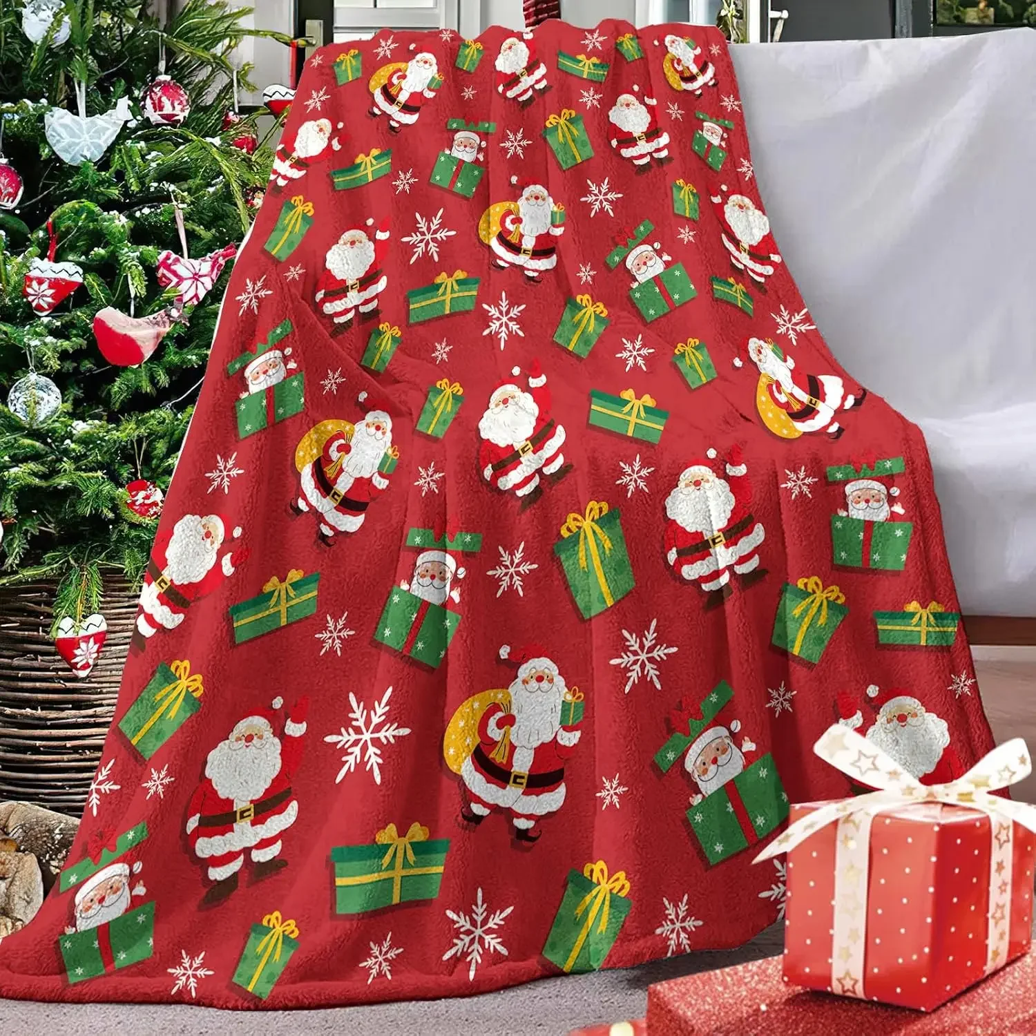 Santa Claus Christmas Blanket Soft Red Flannel Snowflake Print Throw for Sofa Bedding Home Decor Gifts for Holiday Lovers