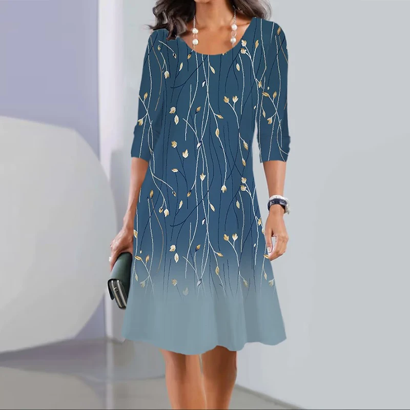 2025 Otoño/Invierno nuevo vestido estampado de talla grande de manga larga con cuello redondo de longitud media para mujer