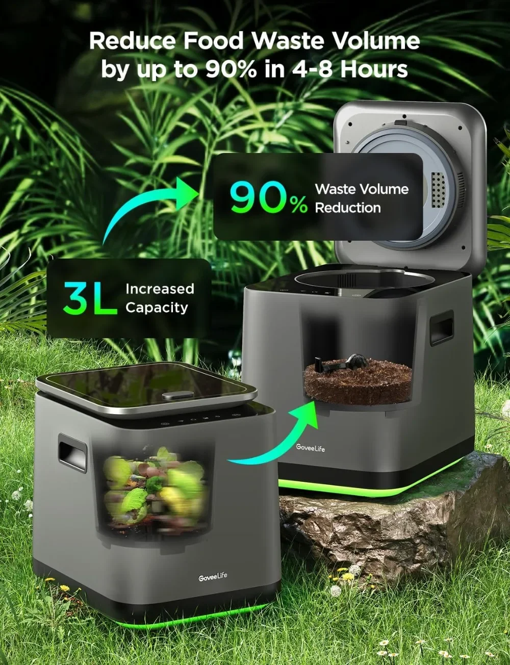 3L Compost Bin Indoor Odorless with App & Voice Control, Auto-Cleaning, 3 Modes, Turn Food Waste To Fertilizer for Garden