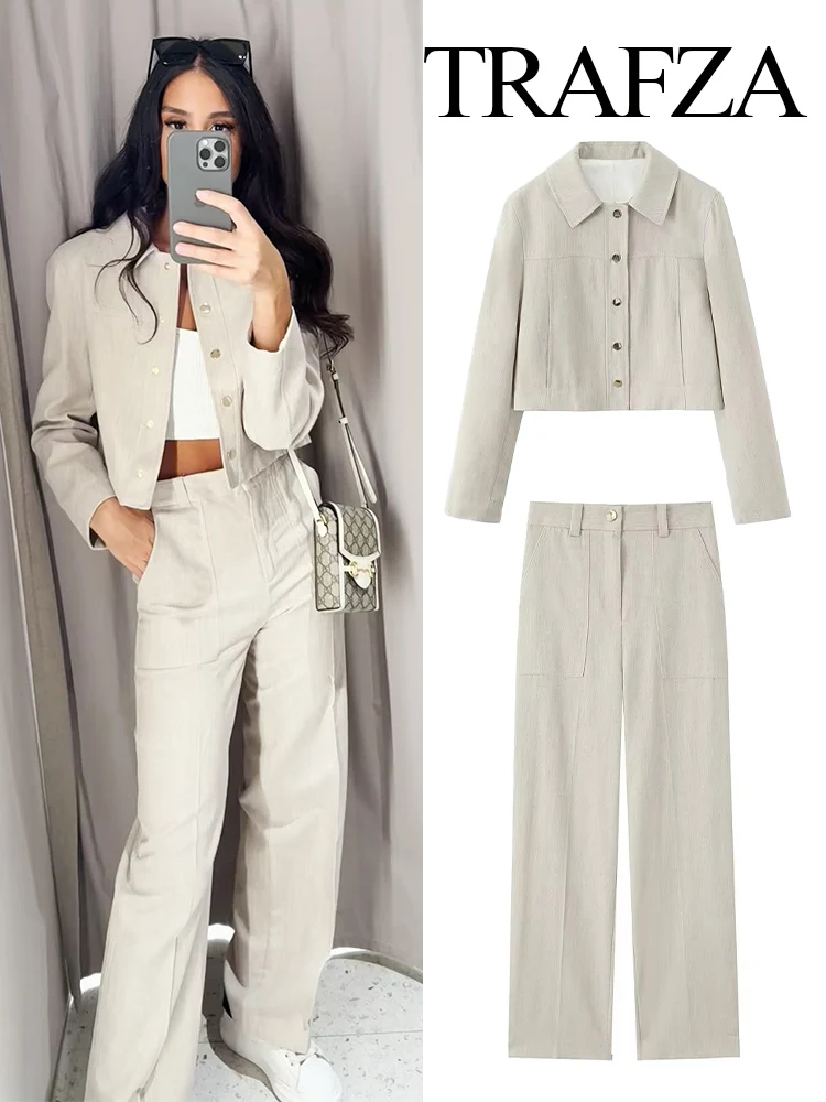 

TRAFZA Summer Women Slim Fashion Single-breasted Button Lapel Jacket+Elastic Waist Pocket Zipper Pants Solid Line 2-Piece Set