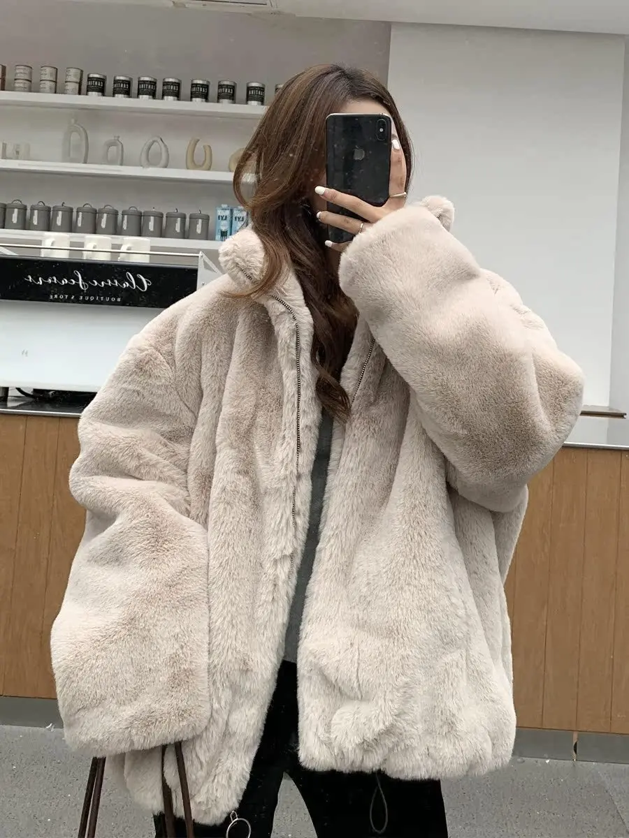 Kunstpelzmäntel für Damen, verdickt, doppelseitig, für Bühnenfrau, Harajuku, flauschige Weste, abnehmbare Kapuze, flauschig, süß, reine Länge