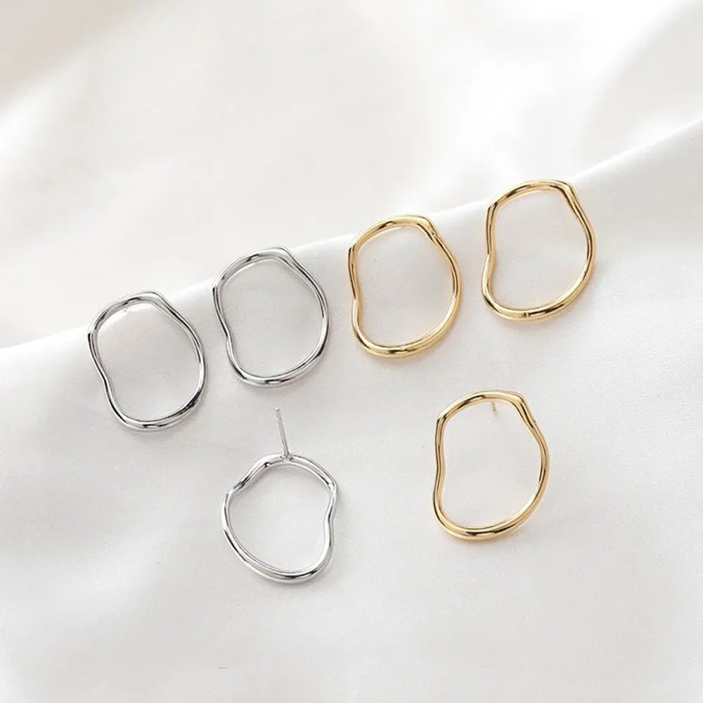 4PCS Irregular Circle Ear Studs Hoop Earrings silver Ear Posts for Jewelry Findings Components DIY Brass 14k Gold Plated 20*25mm