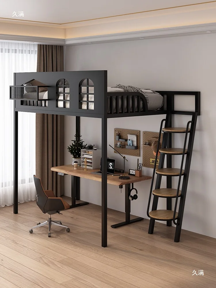 Wrought iron elevated bed sheet upper upper bunk loft suspended bed duplex second floor small apartment ladder bed frame