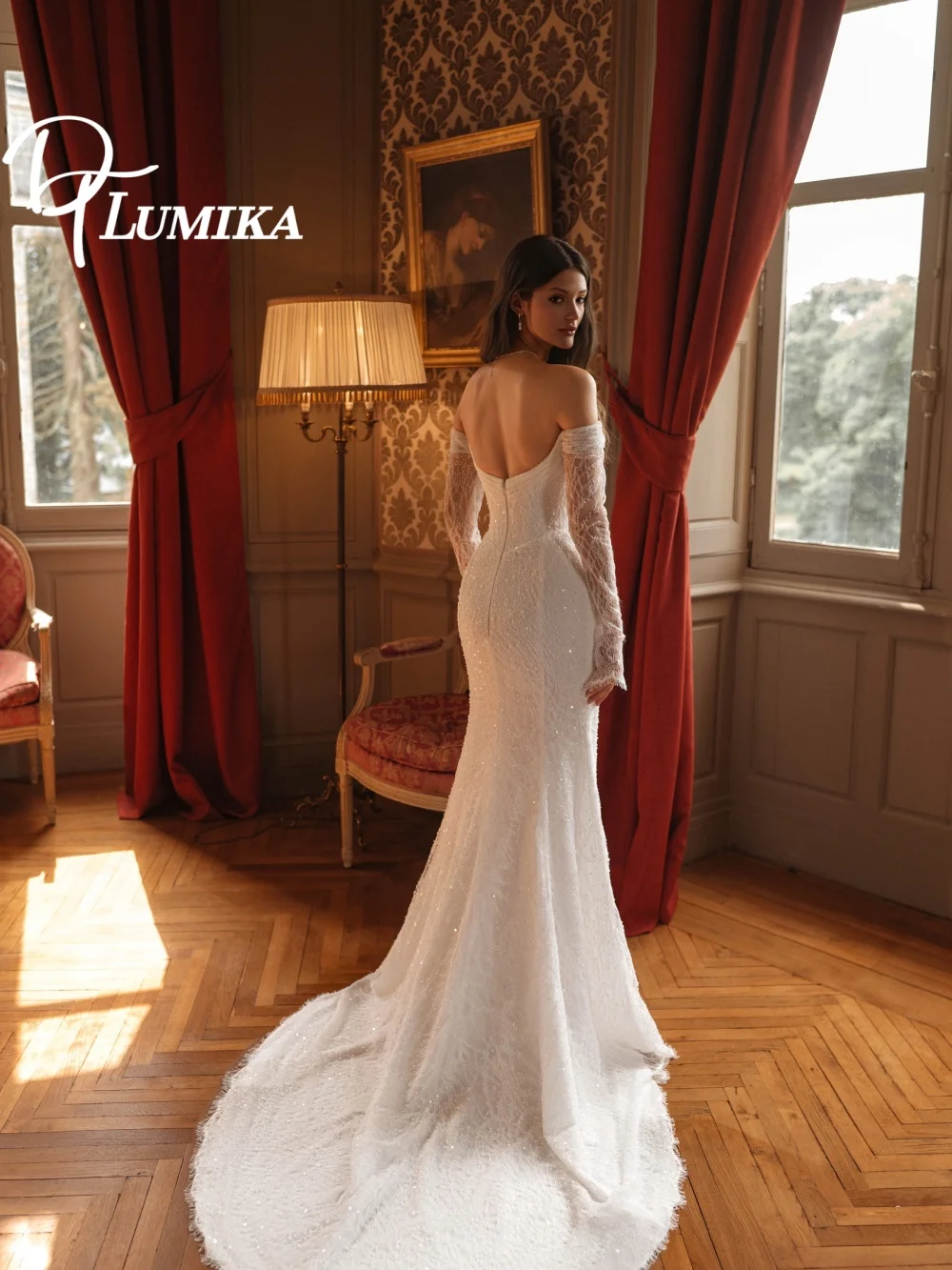Trendy Off-Shoulder Lace-Up Wedding Dress 2026 Romantic Shiny Church Bridal Gown Fashionable Mermaid Floor-Length Bridal Dress