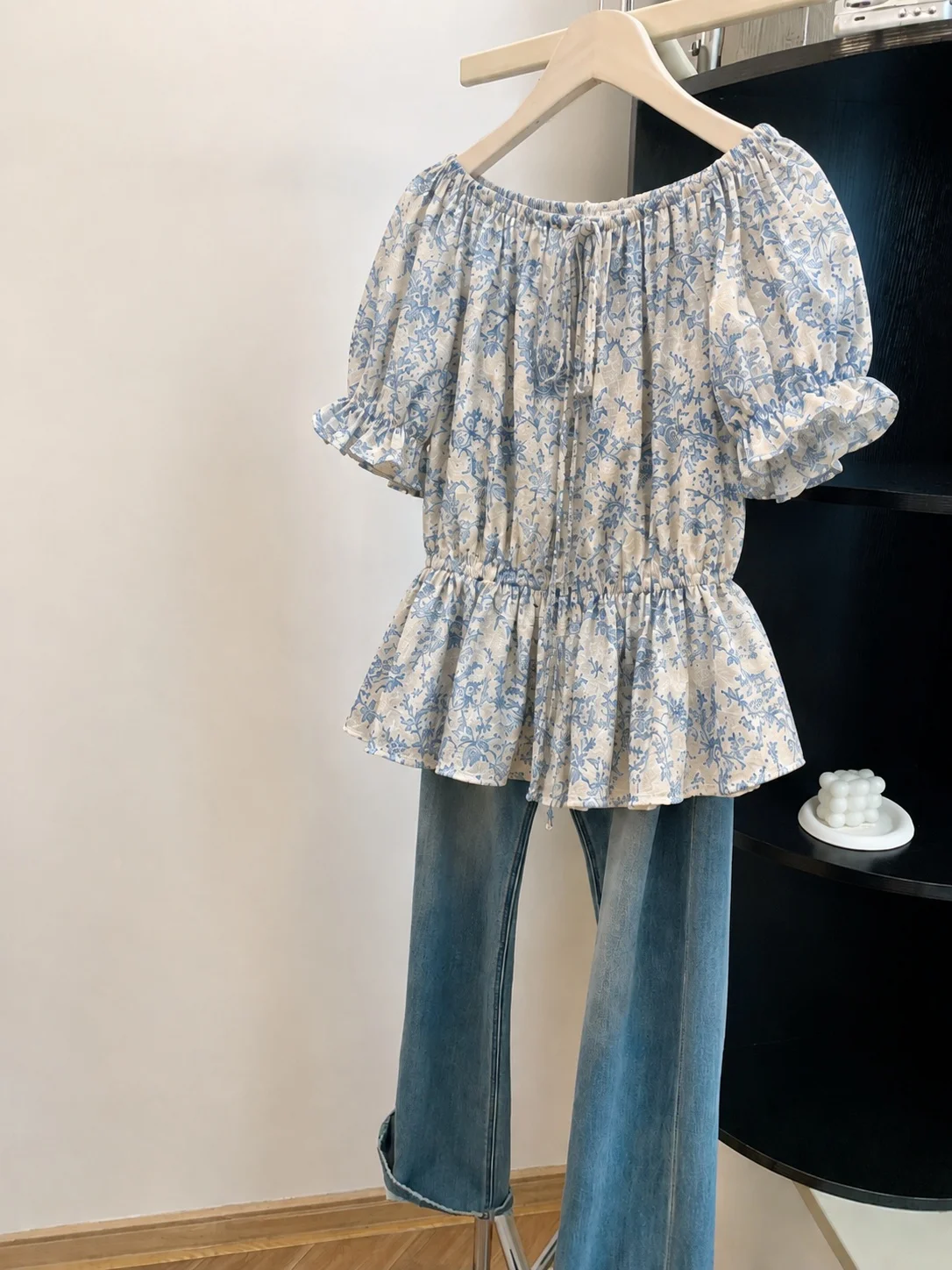 Sweet Floral Shoulder Bridesmaid Shirt Summer Thin Chiffon Bubble Sleeve Drawstring Waist Slimming Casual Style Short Sleeve
