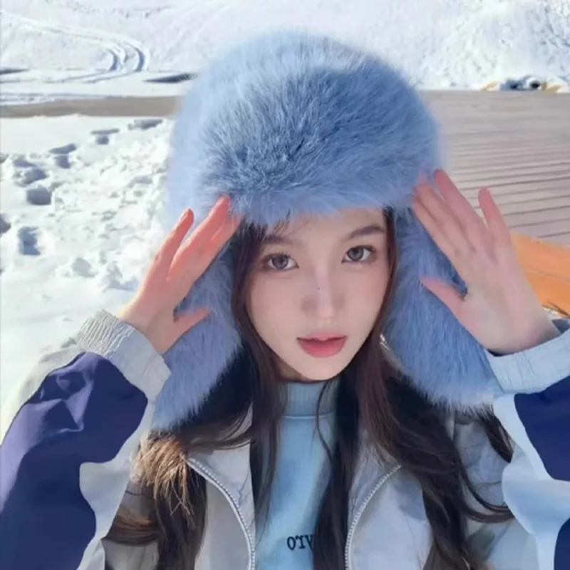 Korea Blue Imitation Marten Fur Bomber Hats for Women Plush Fluffy Windproof Warm Ear Protection Ski Hat Winter Beanies Caps