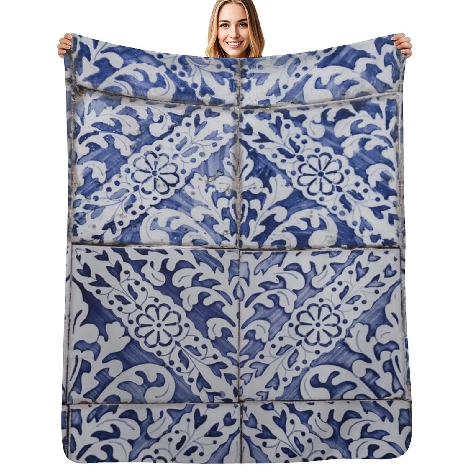 

Portuguese Tiles Pattern - Azulejo Blue and White Floral Leaf Design Throw Blanket Color Fast Cozy Throw Blanket