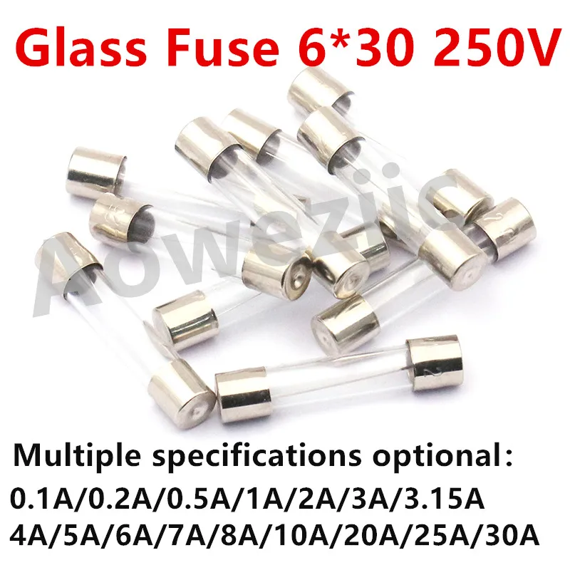 100pc/lot 6*30mm Glass Fuse 6*30 250V 0.1A 0.2A 0.5A 1A 2A 3A 3.15A 4A 5A 6A 7A 8A 10A 15A 20A 25A 30A Glass fuse Insurance Tube