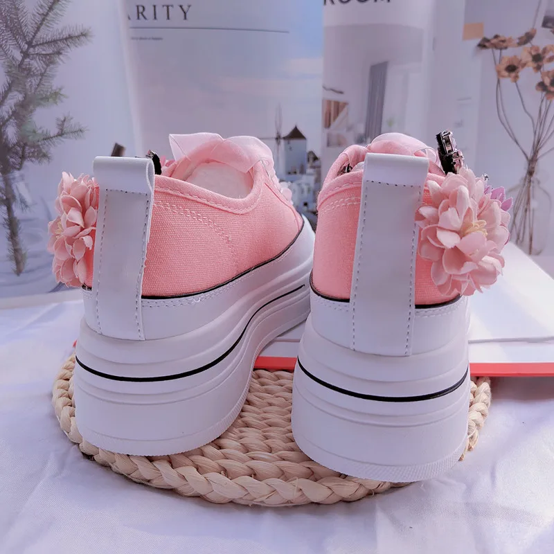 Autumn Pink Floral Beaded Canvas Ladies Shoes 2023 High Platform Casual Sneakers Women Wedding Sports Tennis Vulcanized Shoes