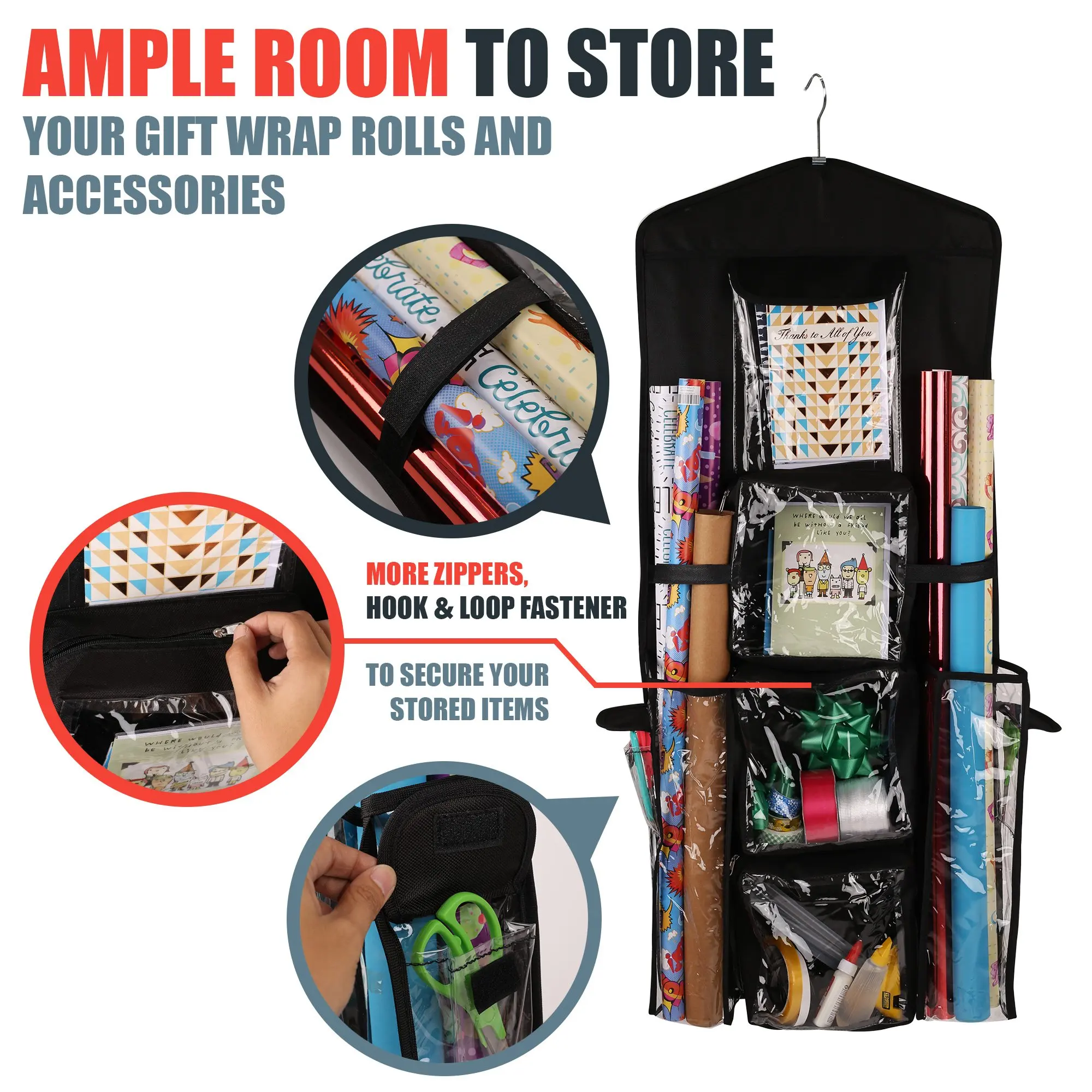 37x16 In Hanging Christmas Gift Bag Organizer with Multiple Pockets Hanging Christmas Gift Wrapping Paper Storage Gift Organizer