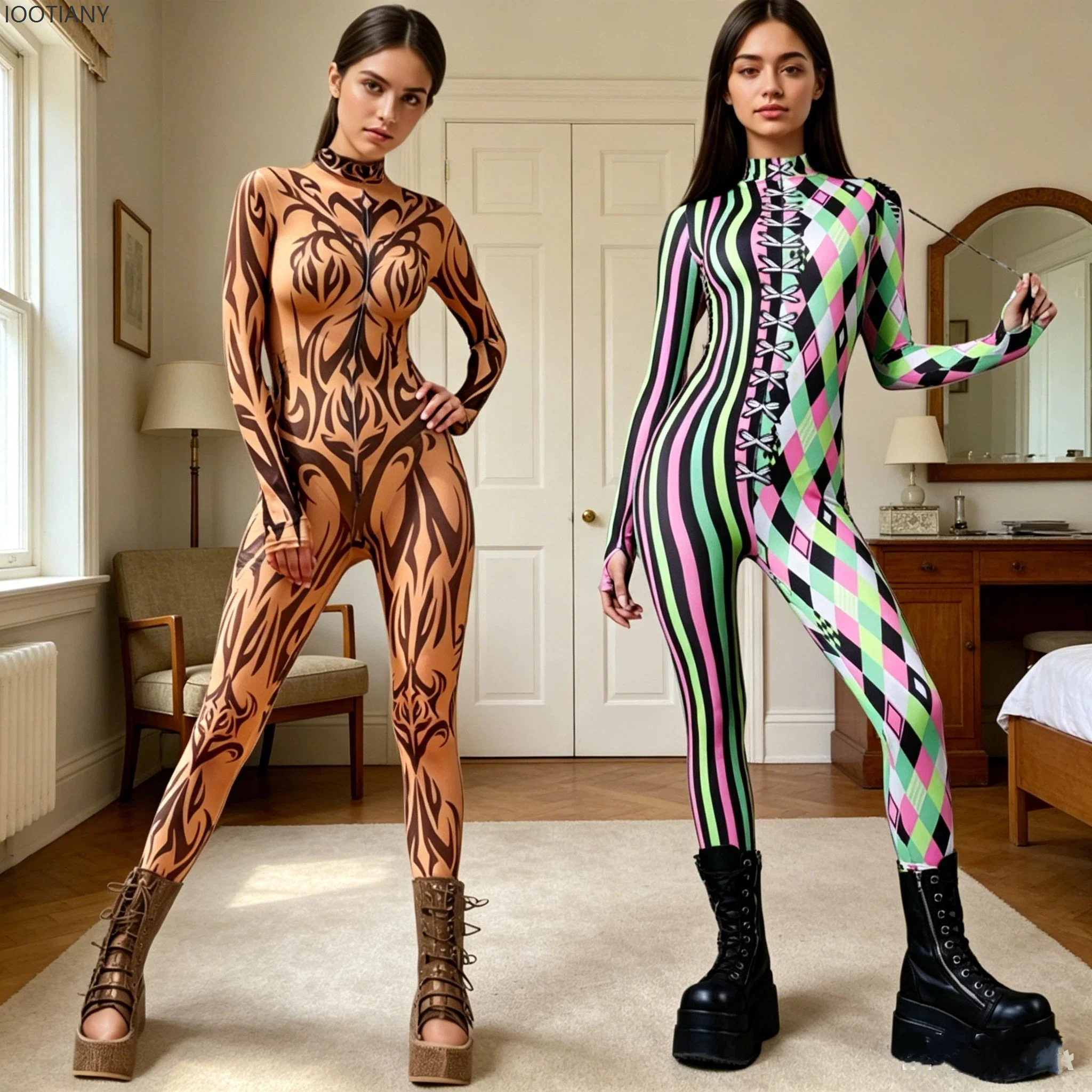 

Women Flesh Color Tribal Bodysuit Geometric Festival Rave Stage Show Aerial Yoga Suit High Neck Full Halloween Cosplay Catsuit