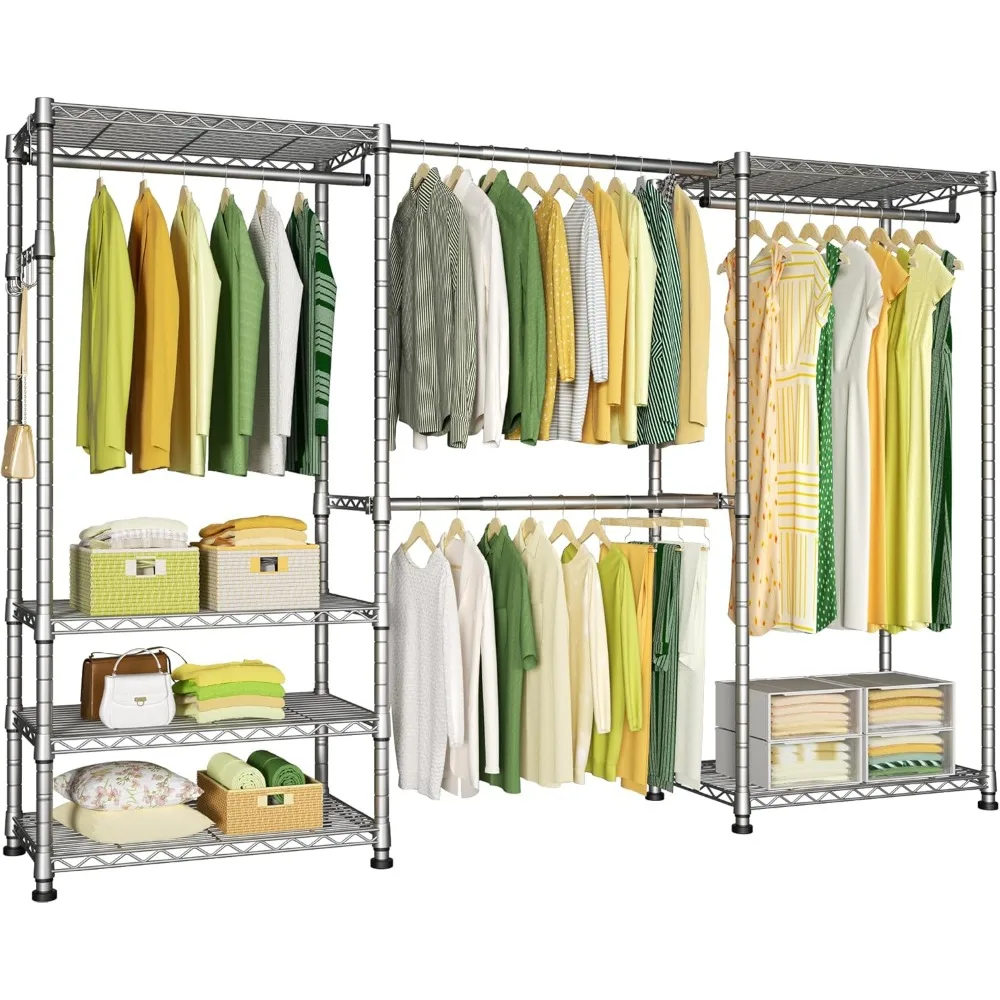 E1 Heavy Duty Closet Garment Rack, 6 Tiers Adjustable Metal Freestanding Expandable Clothing Storage with 4 Hanger Rods