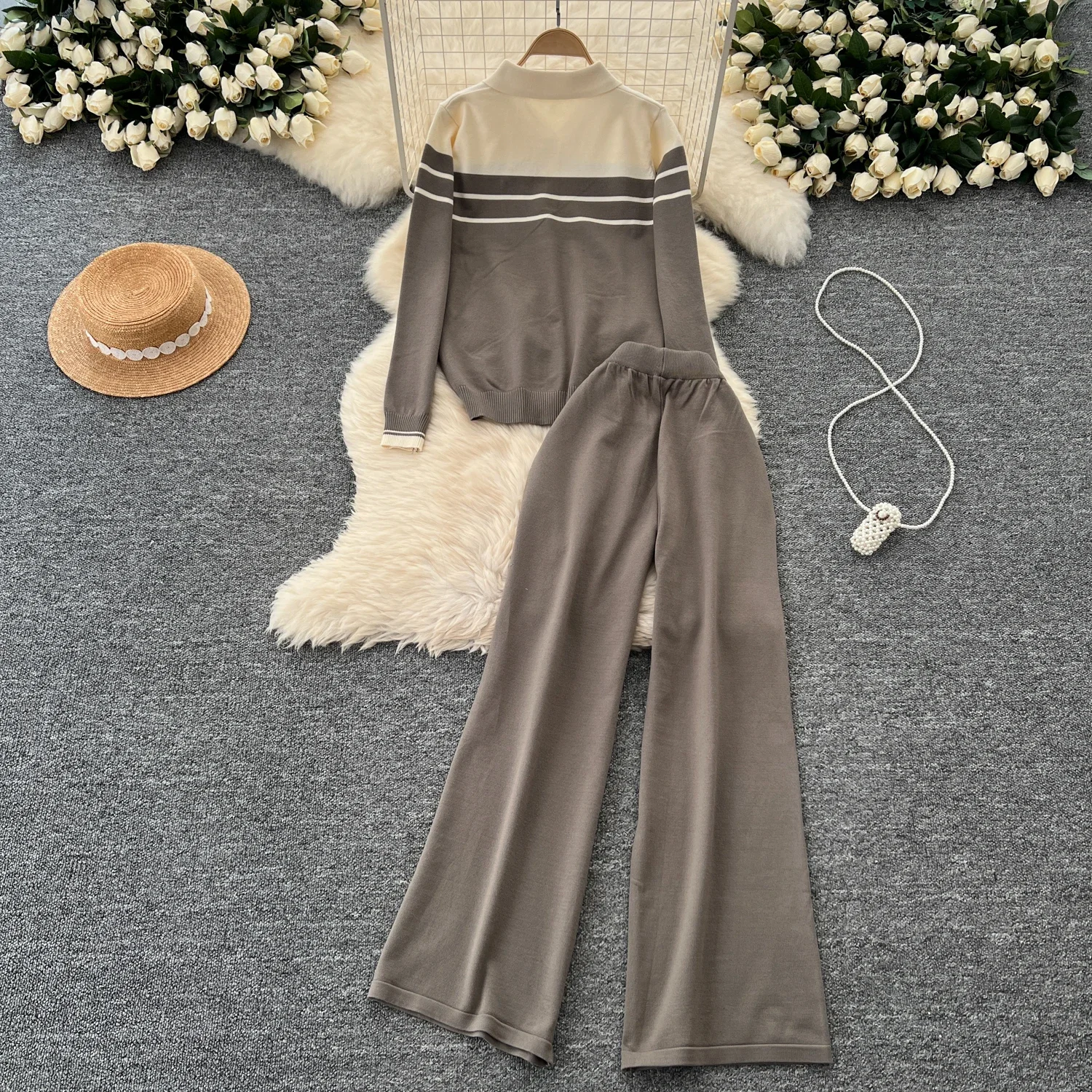 Chic Women Two-Piece Sets Vintage Turn-down Collar Parchwork Knit Top High Waist Wide Leg Pants Fashion Autumn Winter Clothing