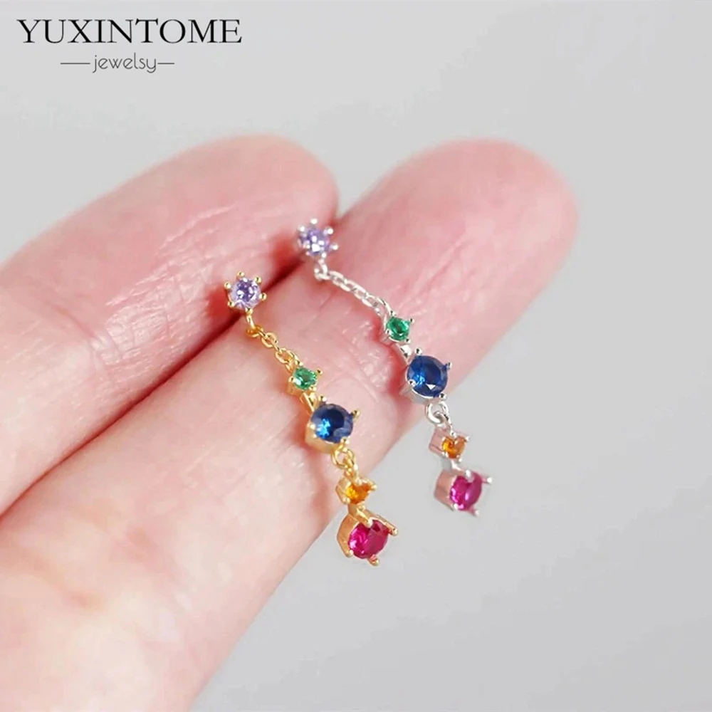 925 Sterling Silver Needle Colorful Water drop Tassel Zircon Stud Earrings for Women Wedding Party Gold Earrings Fashion Jewelry