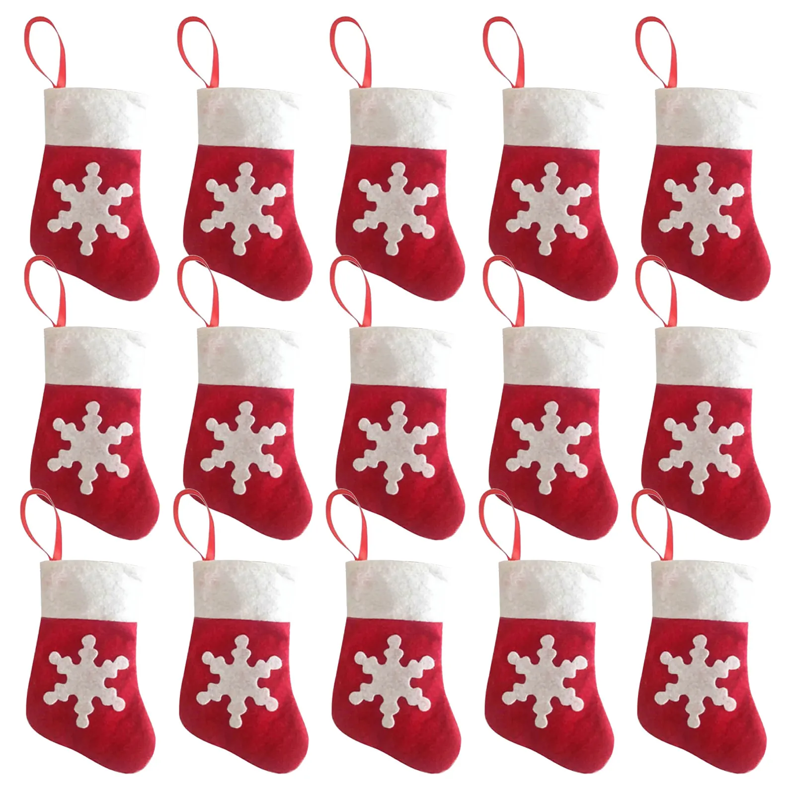 24Pcs Mini Stockings Christmas Snowflake Felt Hanging Ornament Red Ribbon for Candy Containers Snack Holders Small Present Bags