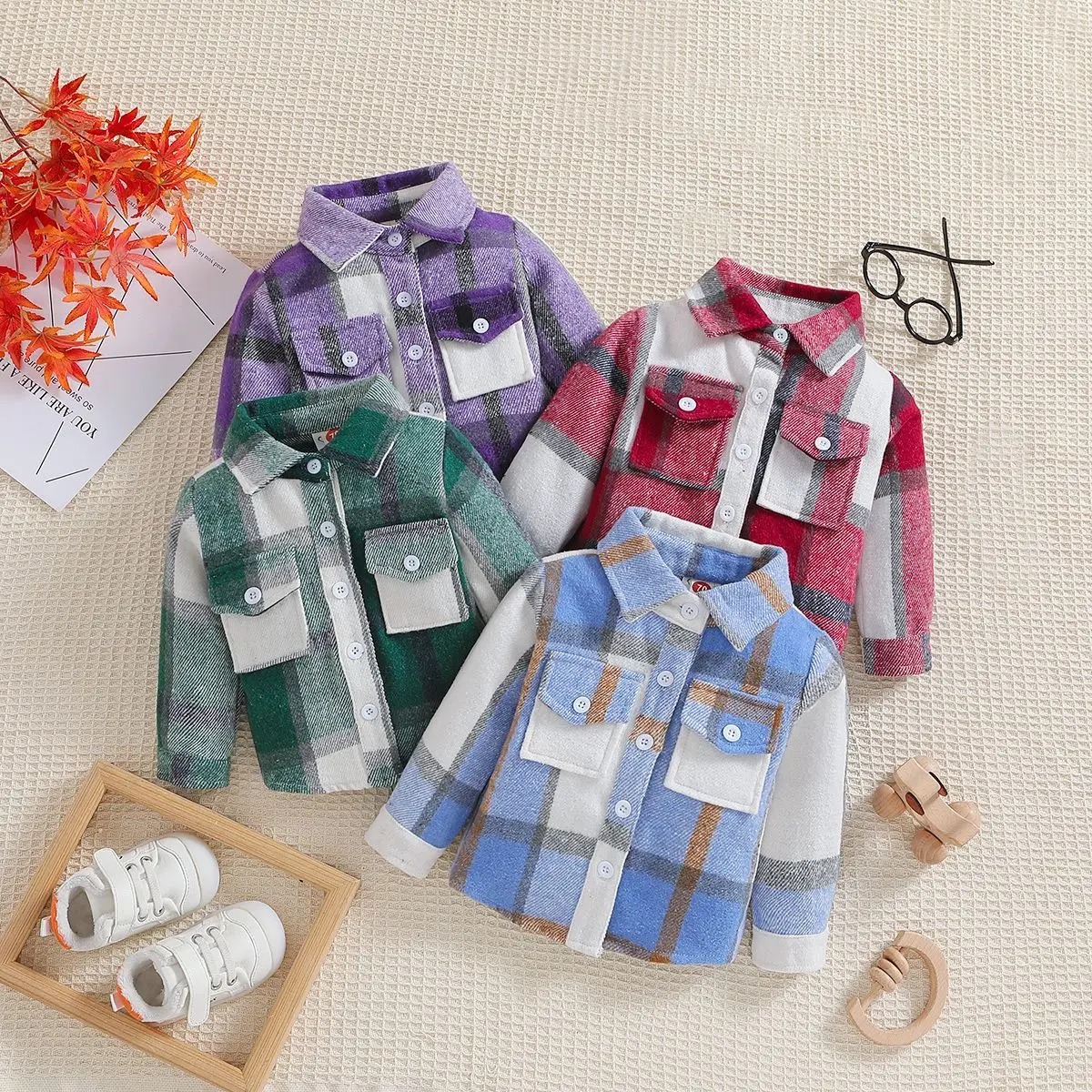 Autumn and winter children's plaid long sleeved outerwear for boys and girls, lapel single breasted shirt