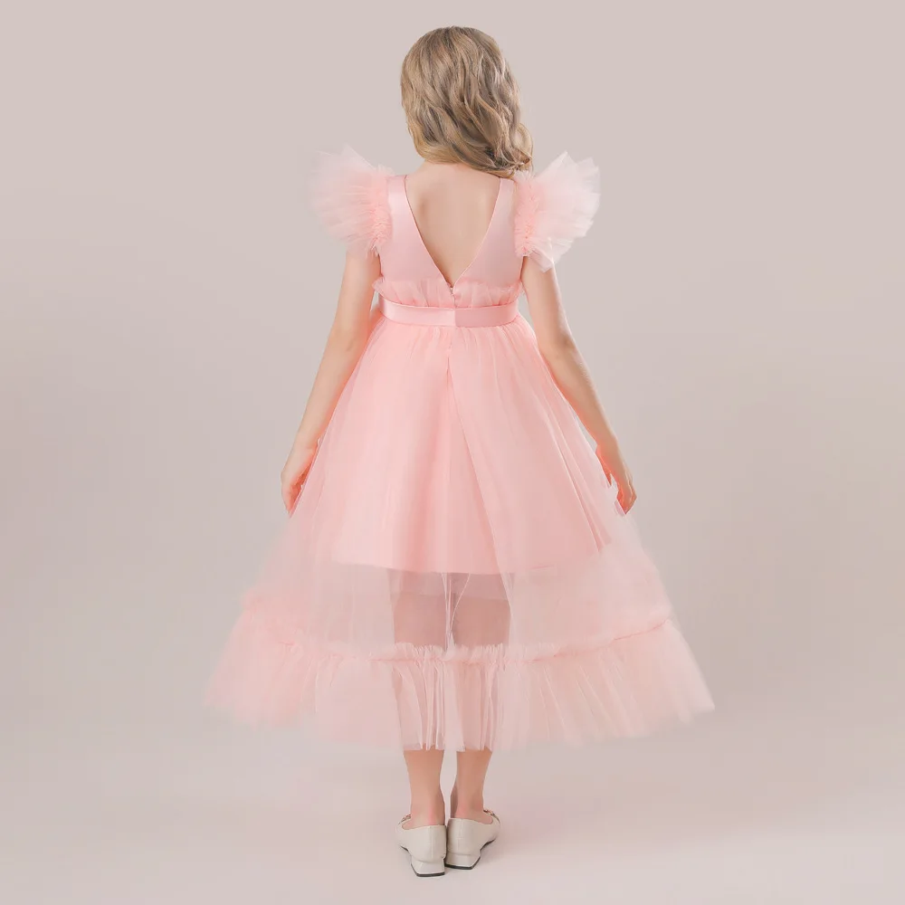 Pink Tulle Flower Girl Dress For Wedding Applique With Bow Puffy V-back Kids Birthday Princess First Communion Ball Gown