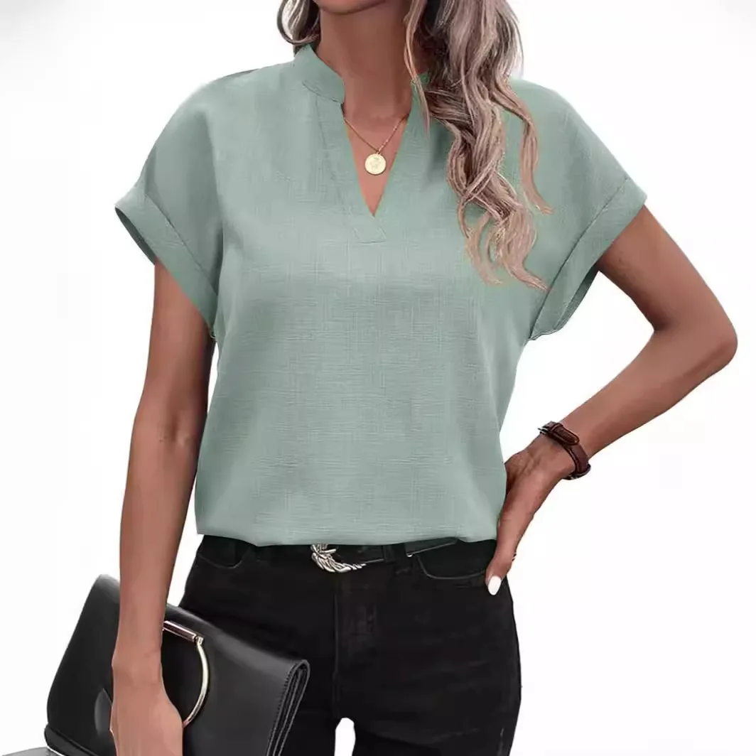 Elegant Short Sleeve Loose Pink Tops Women 2024 Fashion V Neck Casual Loose Solid Blouses Ladies Summer Shirts Y2k Top Female
