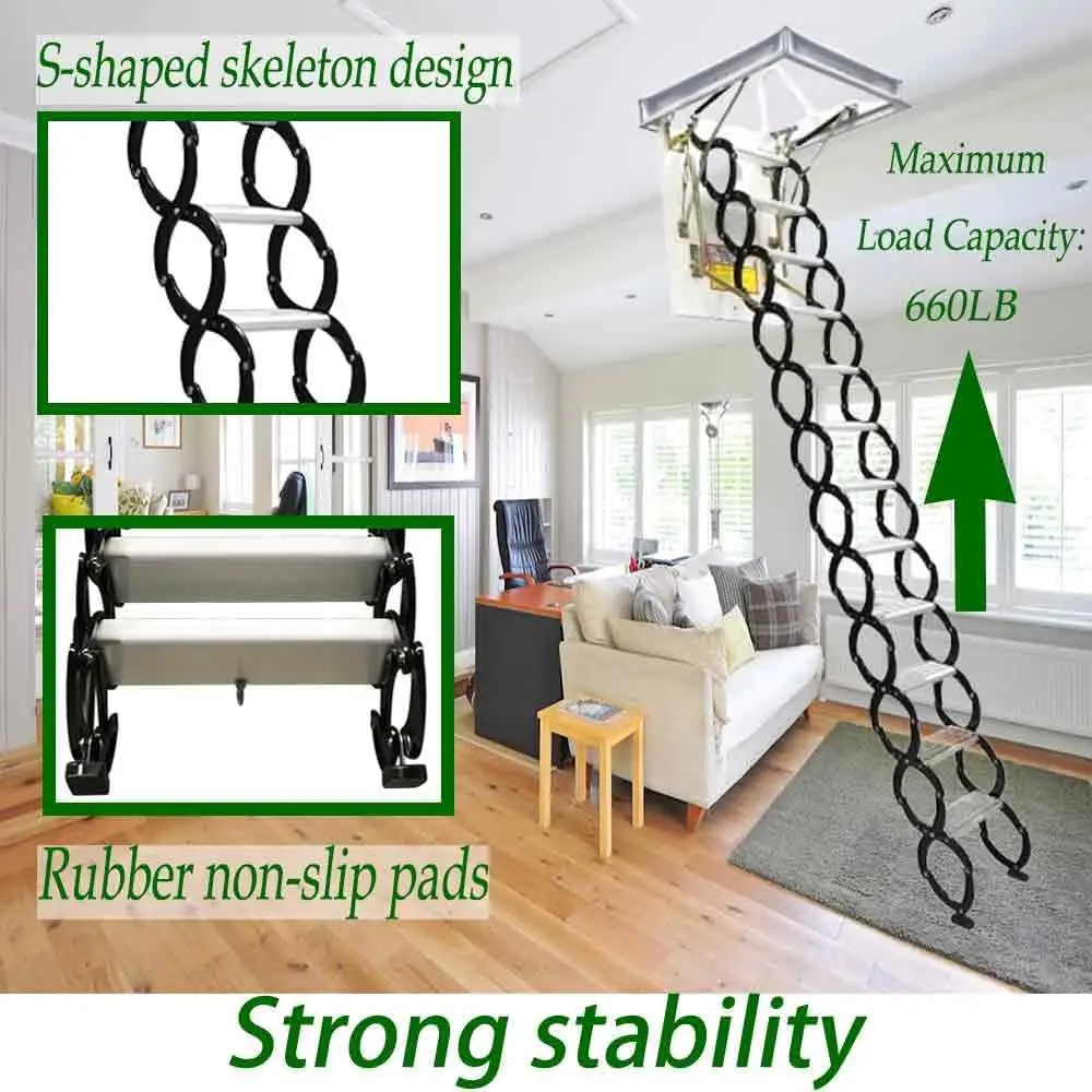 تلسكوبي سلم قابل للطي مخفي درابزين أسود خطوة بيضاء الألومنيوم المغنيسيوم تركيب السقف 70*90 سنتيمتر