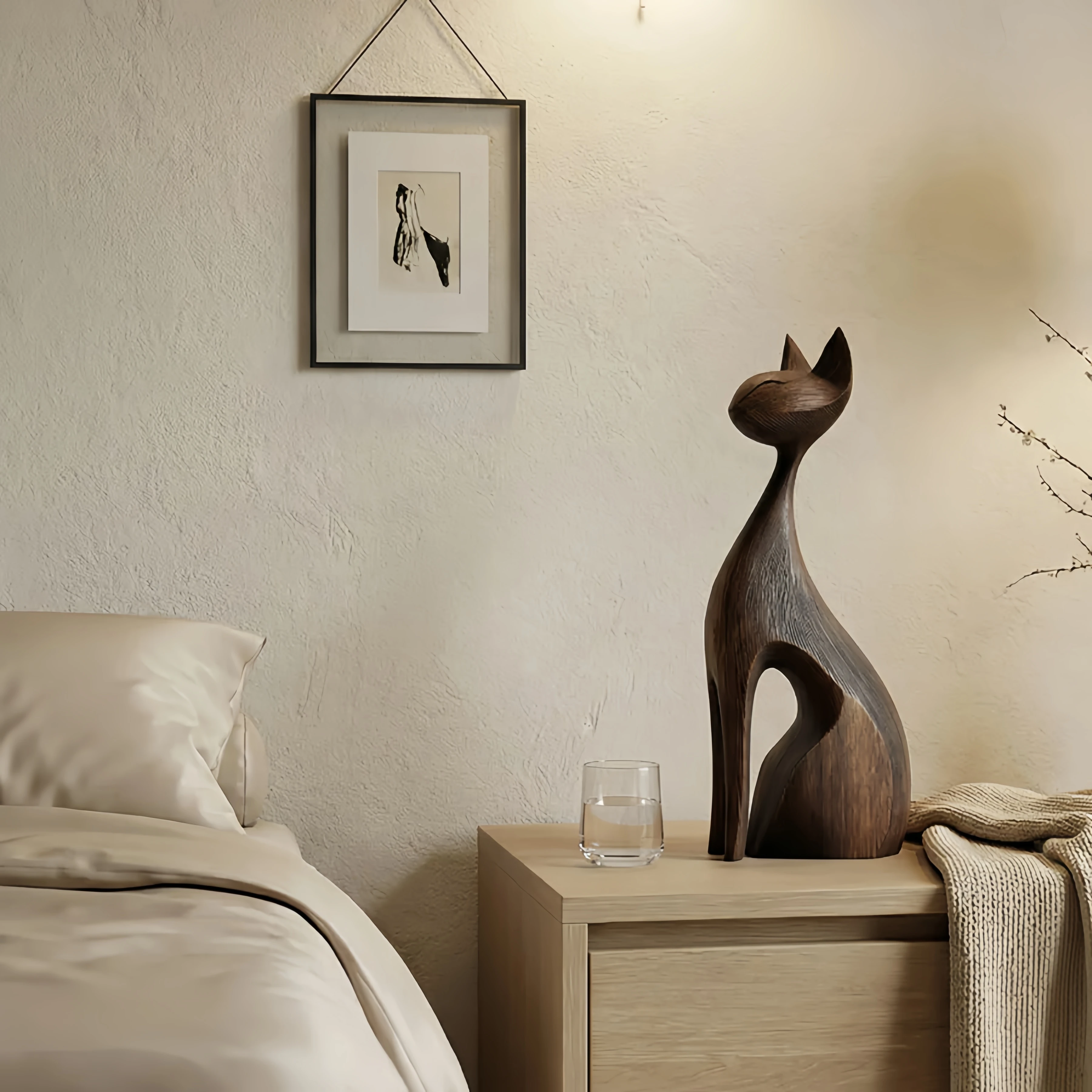 Modern Dark Wood Handmade Engraved Wooden Cat Sculpture Statue Decor For Home Bedroom Living Room Tabletop Ornament
