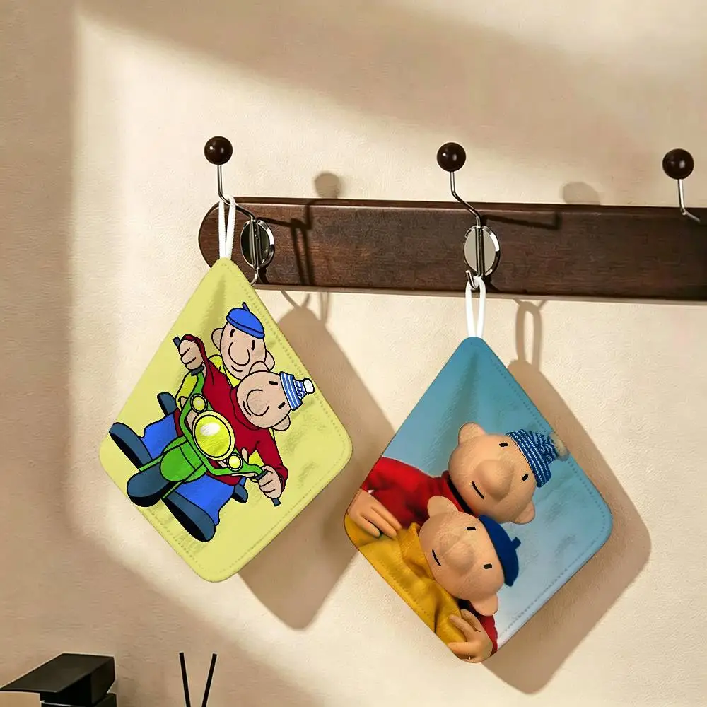 Cartoon P-Pat & Mat Hanging Kitchen Towel, Polyester Cotton Fabric, Absorbent Hand Wiping Towel for Home Dormitory