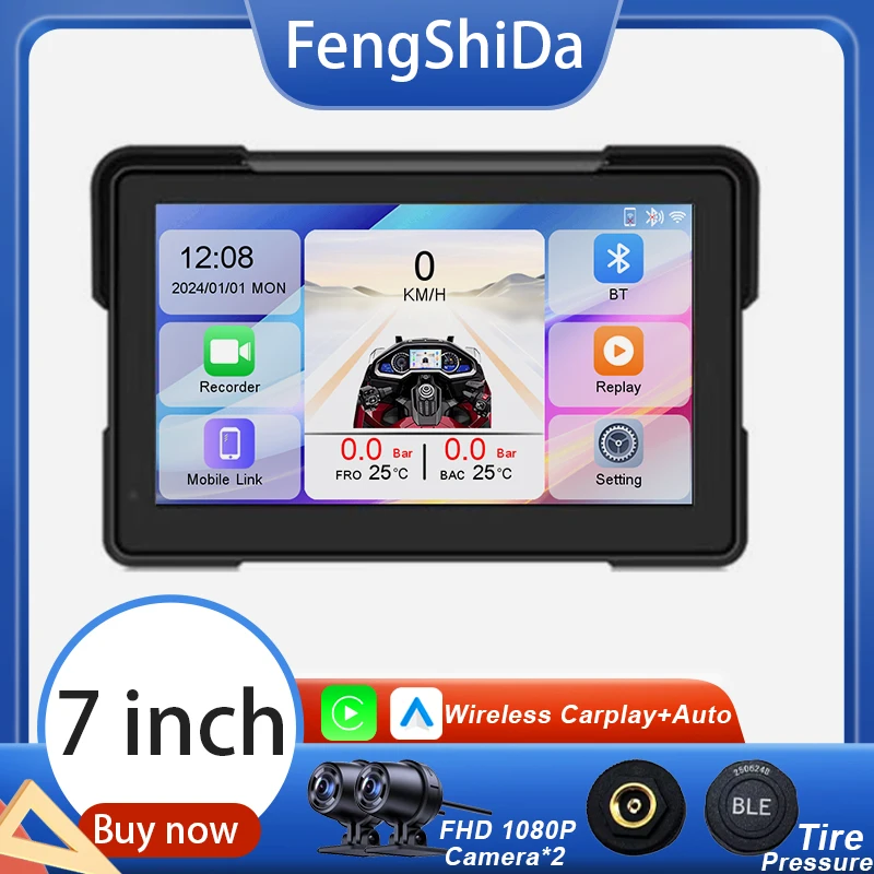 

Wireless CarPlay Android Auto WIFI BT 7 inch Screen Motorcycle Navigation Motorcycle GPS Motor DVR Monitor TPMS Optional